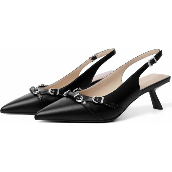 Mostrin Kitten Heels BlackFaux Leather Low Slingback Heels with Buckle - Picture 2 of 9
